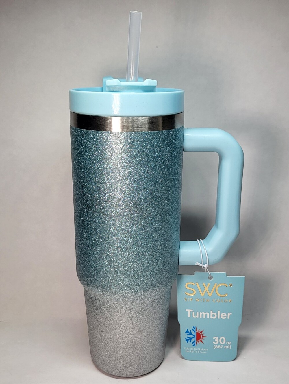 Sip With Color SWC TUMBLER 30 oz Aqua Blue Ombre Lid Straw Glitter Stainless NWT